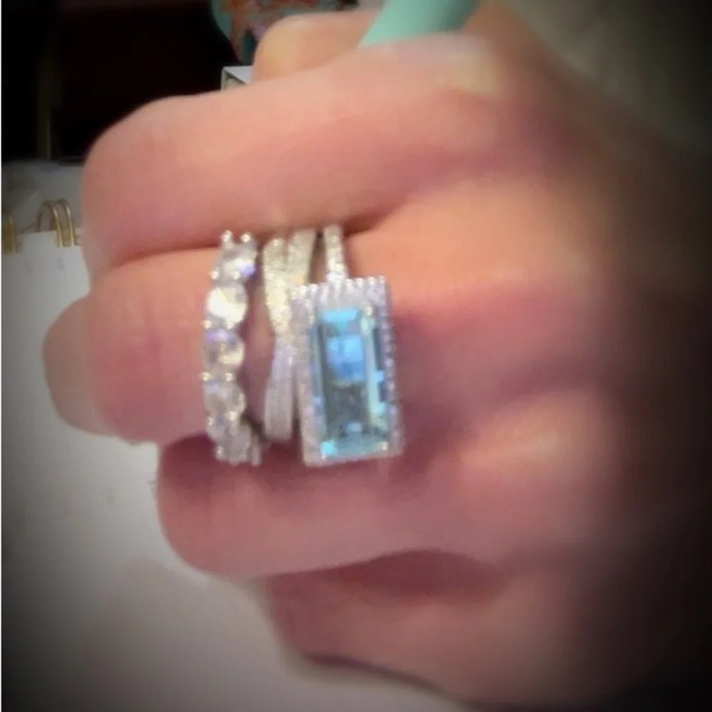 Aquamarine and Diamond 3 Ring Statement Stacked Ring Set - Women Jewelry Sz 7